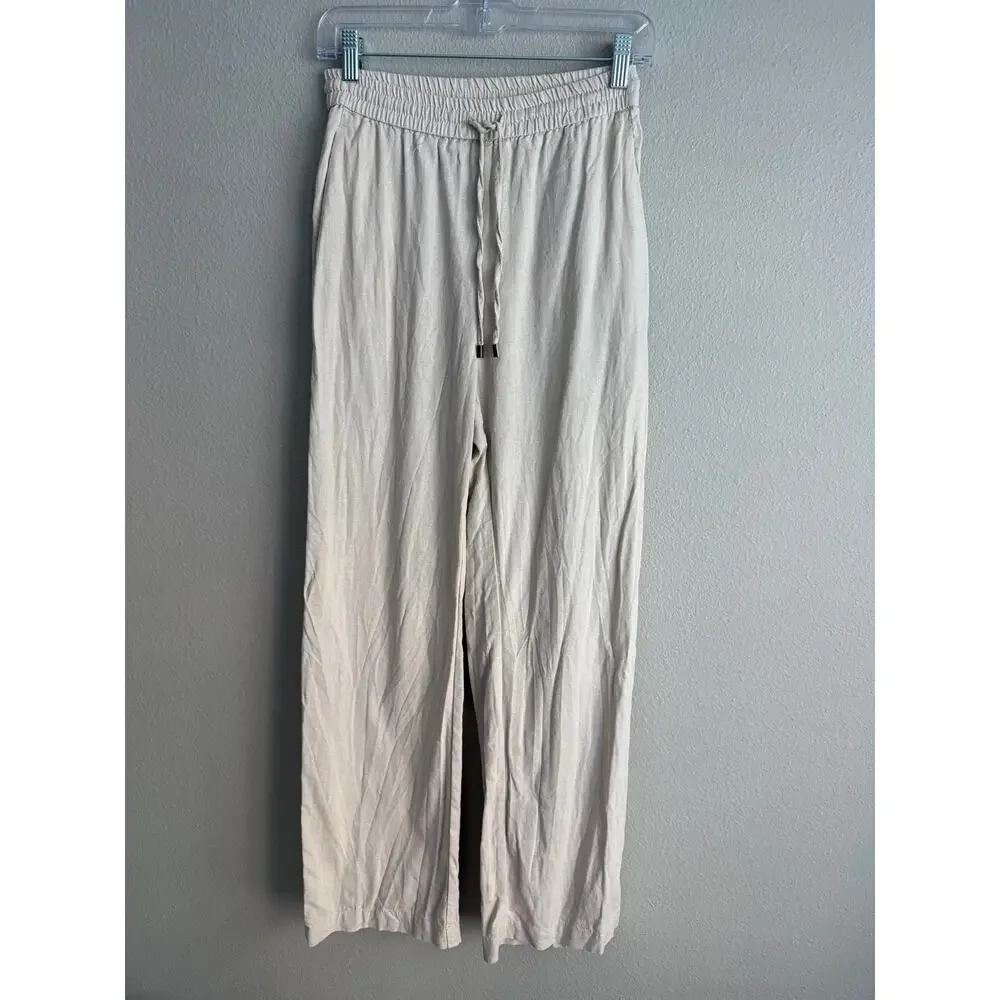 ZARA Women’s Sz M Linen Blend Wide Leg Pants Beige Tan Elastic Waist Drawstring